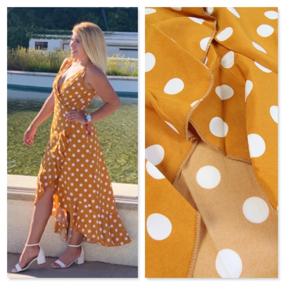 Polka Dot Ruffle Hem Wrap Tie Yellow Maxi Dress - Picture 8 of 8
